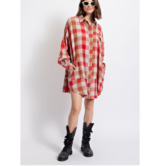 Red and Tan Plaid Button Down oversized shirt - Picture 3 of 12